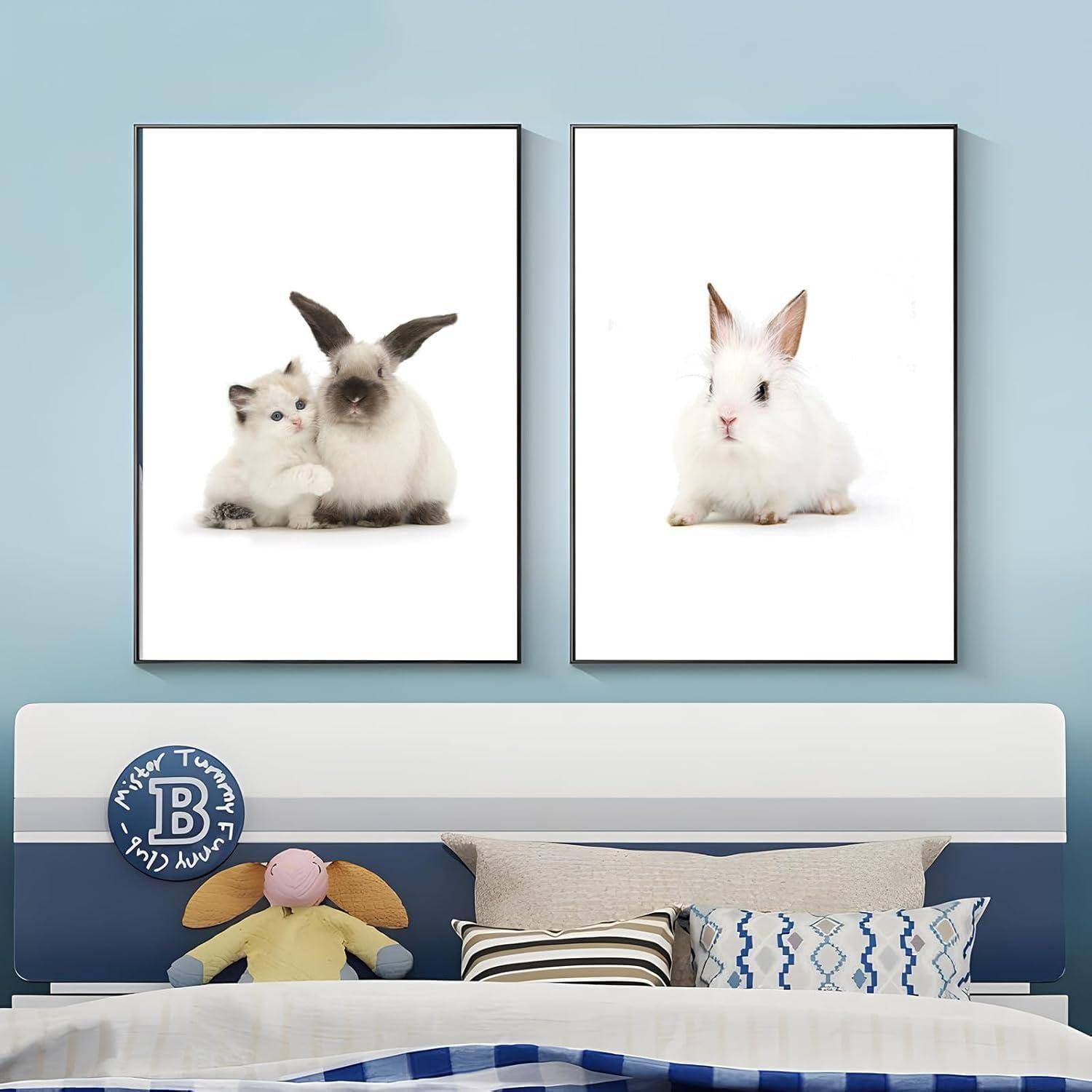 Zwei gerahmte Drucke an einer blauen Wand: links ein Kätzchen, das ein Kaninchen liebkost, rechts ein einzelnes weißes Kaninchen. Ein Bett mit Kissen darunter.