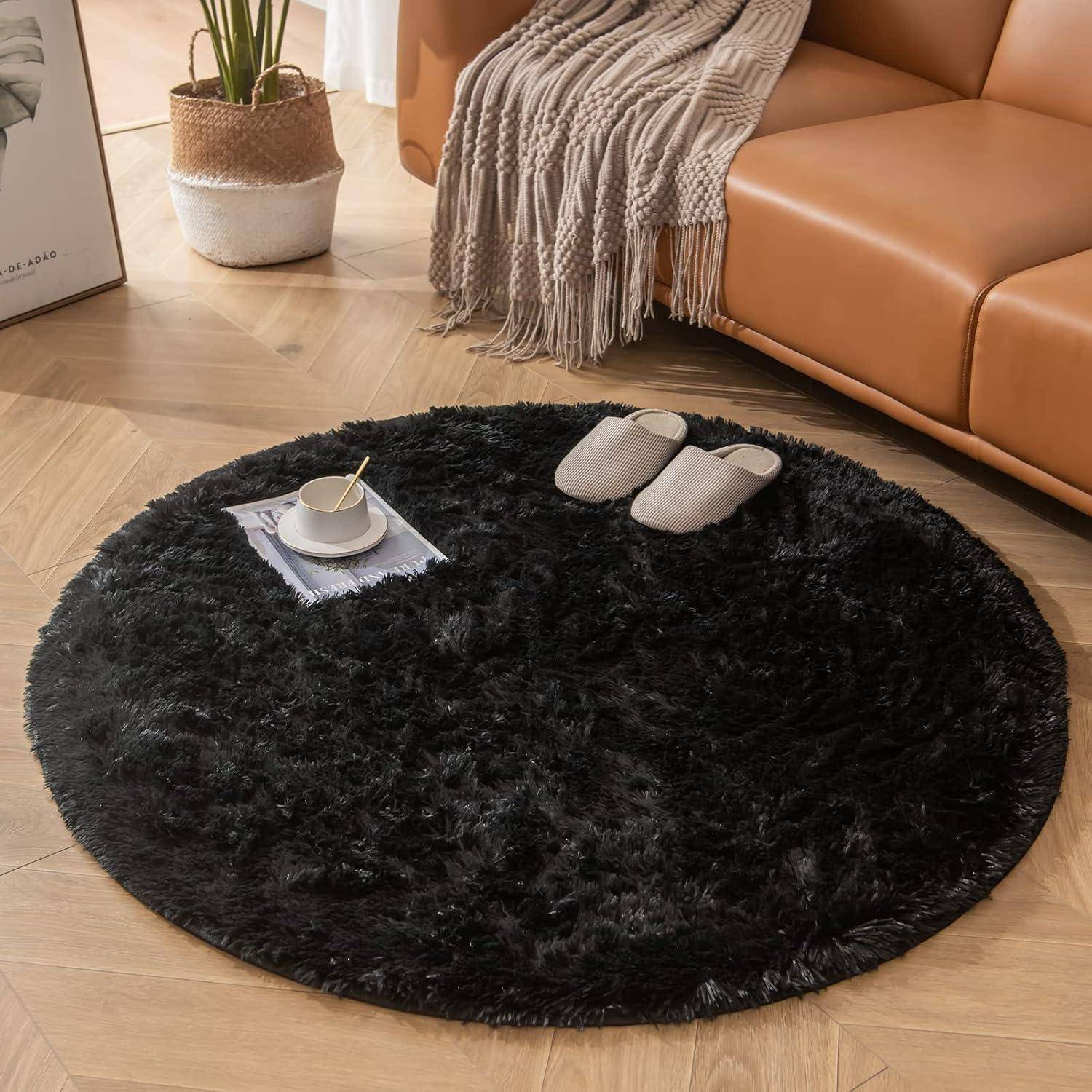 Teppich Rund 120cm Hochflor Shaggy Waschbar Schwarz 120Round