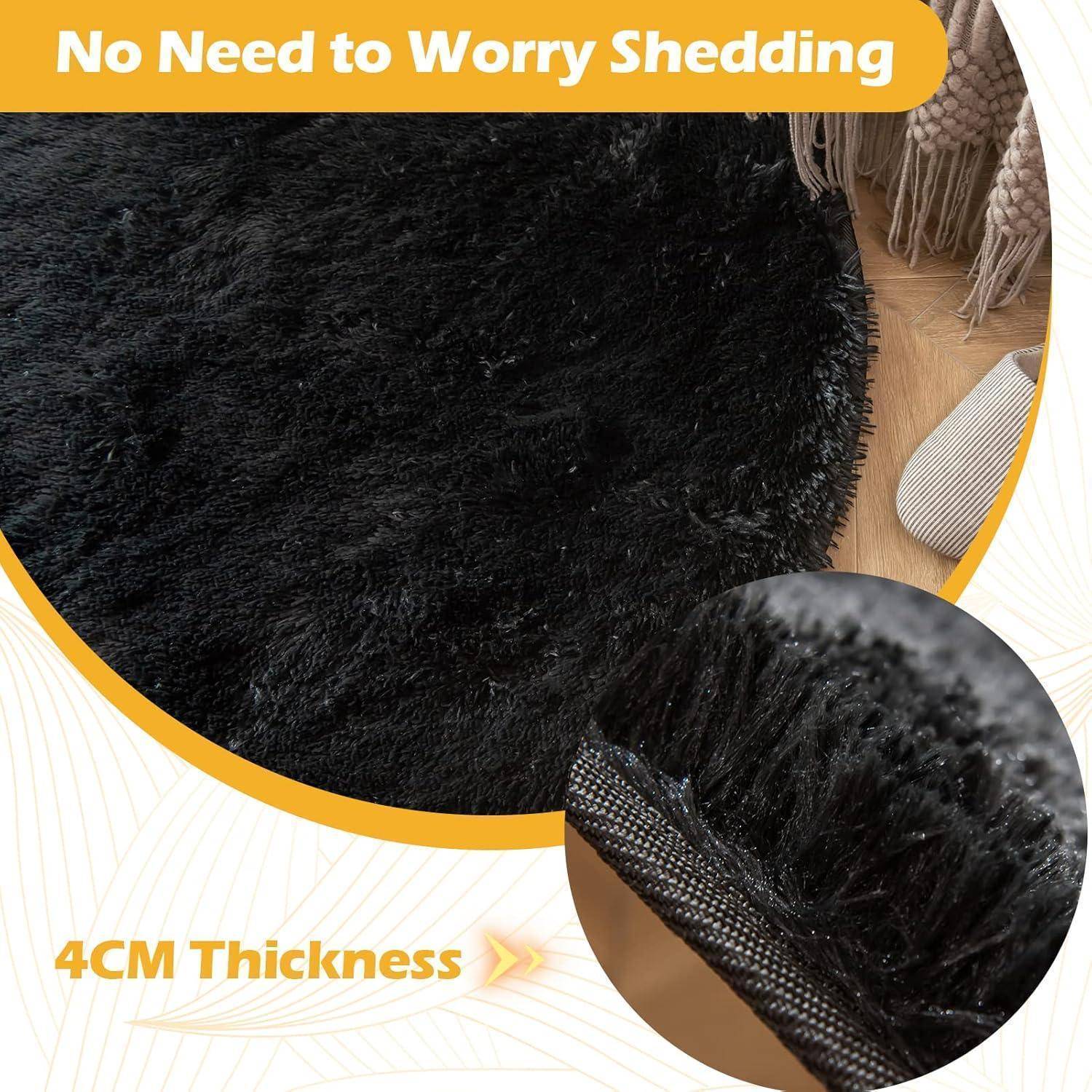Teppich Rund 120cm Hochflor Shaggy Waschbar Schwarz 120Round