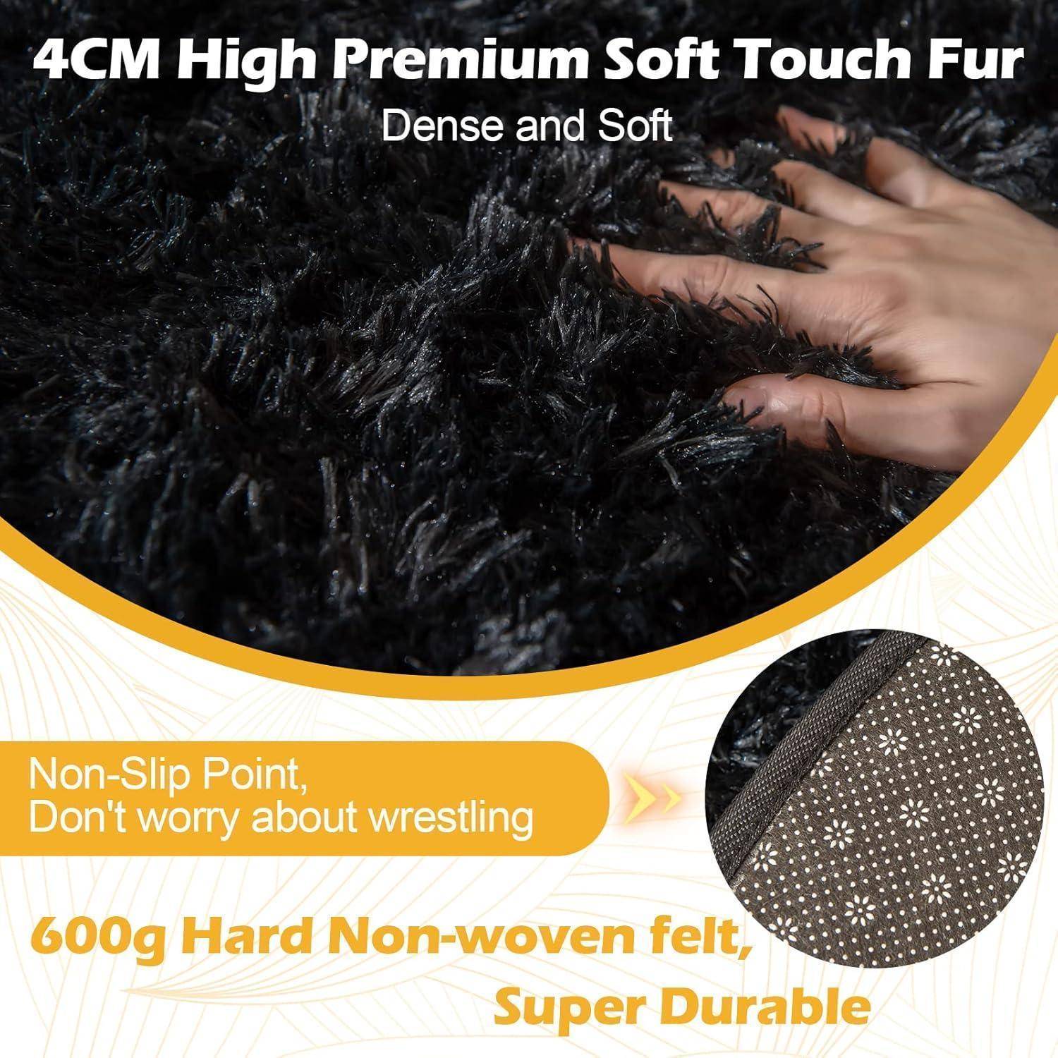 Teppich Rund 120cm Hochflor Shaggy Waschbar Schwarz 120Round