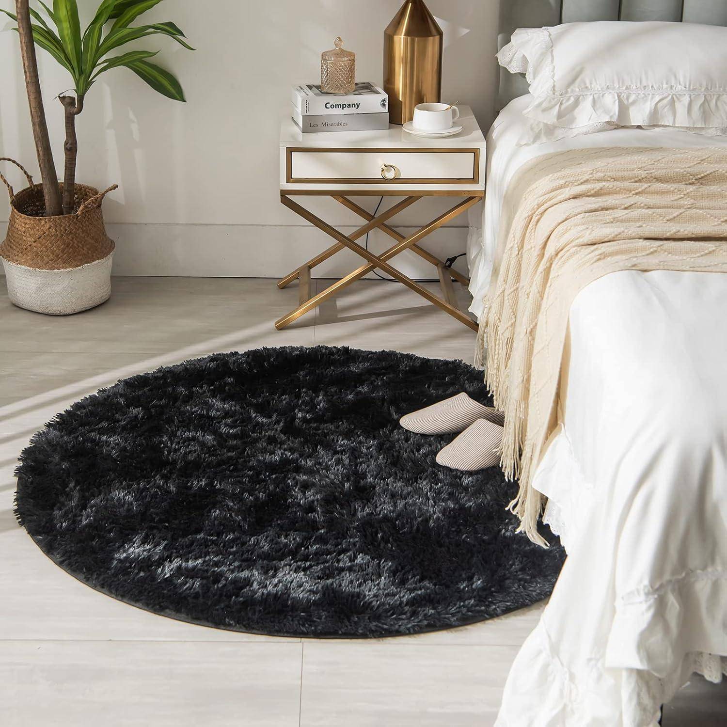 Teppich Rund 120cm Hochflor Shaggy Waschbar Schwarz 120Round