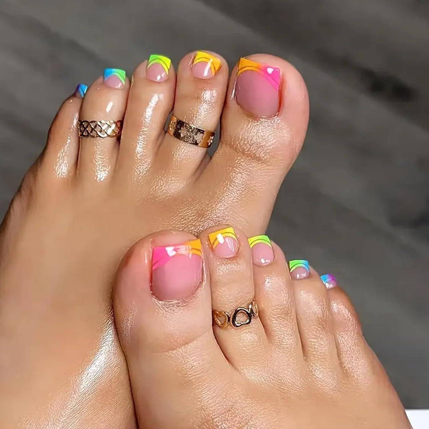 Falsche Zehennägel 24 Stück Acryl Set Frauen DIY Regenbogen Rand