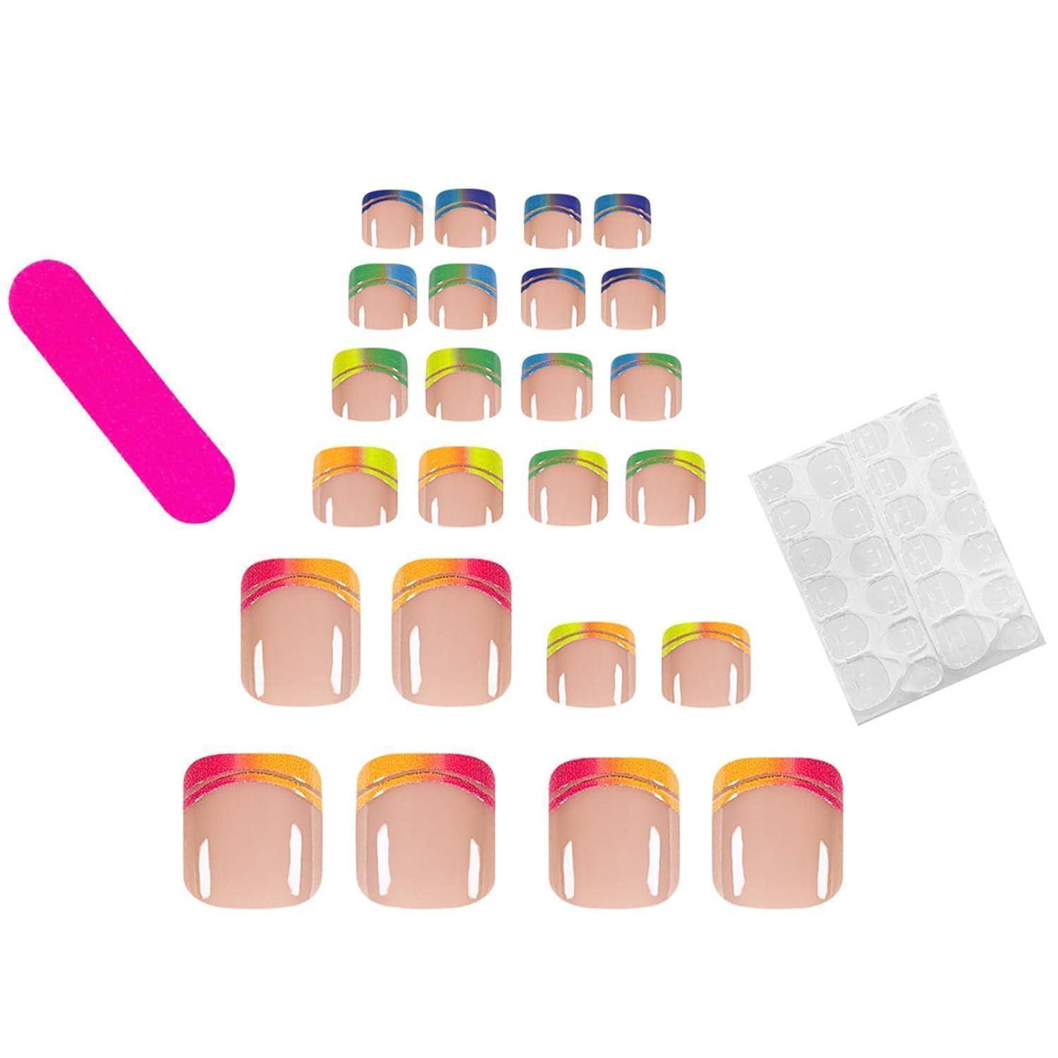 Falsche Zehennägel 24 Stück Acryl Set Frauen DIY Regenbogen Rand