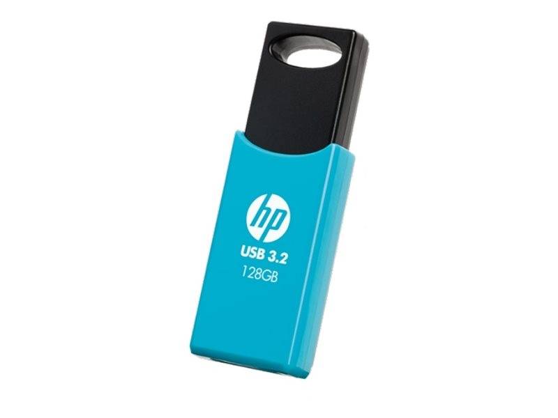 Ein blauer HP USB-3.2-Stick mit einer Kapazität von 128 GB, ausgestattet mit einer schwarzen Kappe und einer Schlüsselöse.