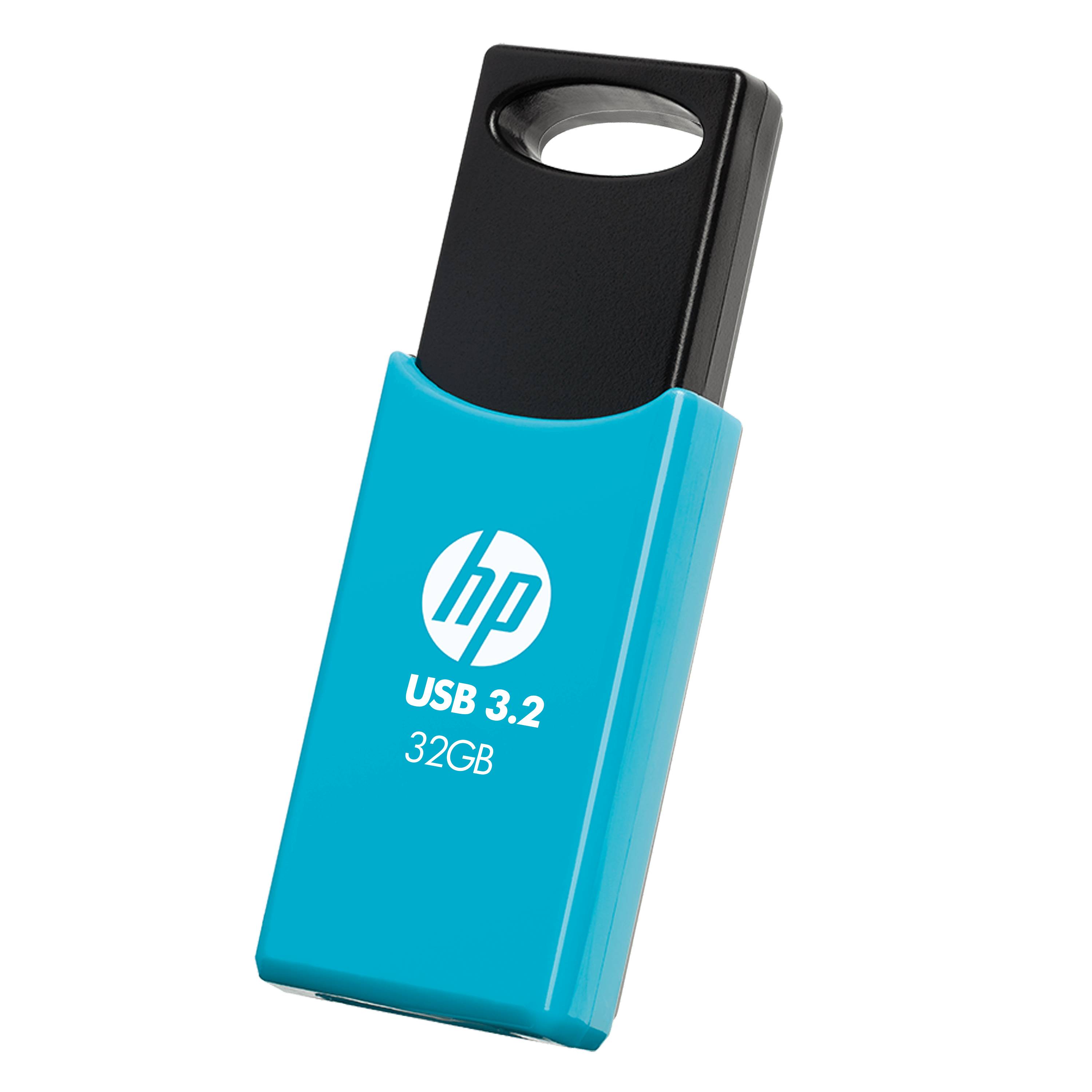 HP 32GB USB 3.2 Flash-Laufwerk mit schwarzem Deckel und türkisblauem Gehäuse, auf schwarzem Hintergrund dargestellt.