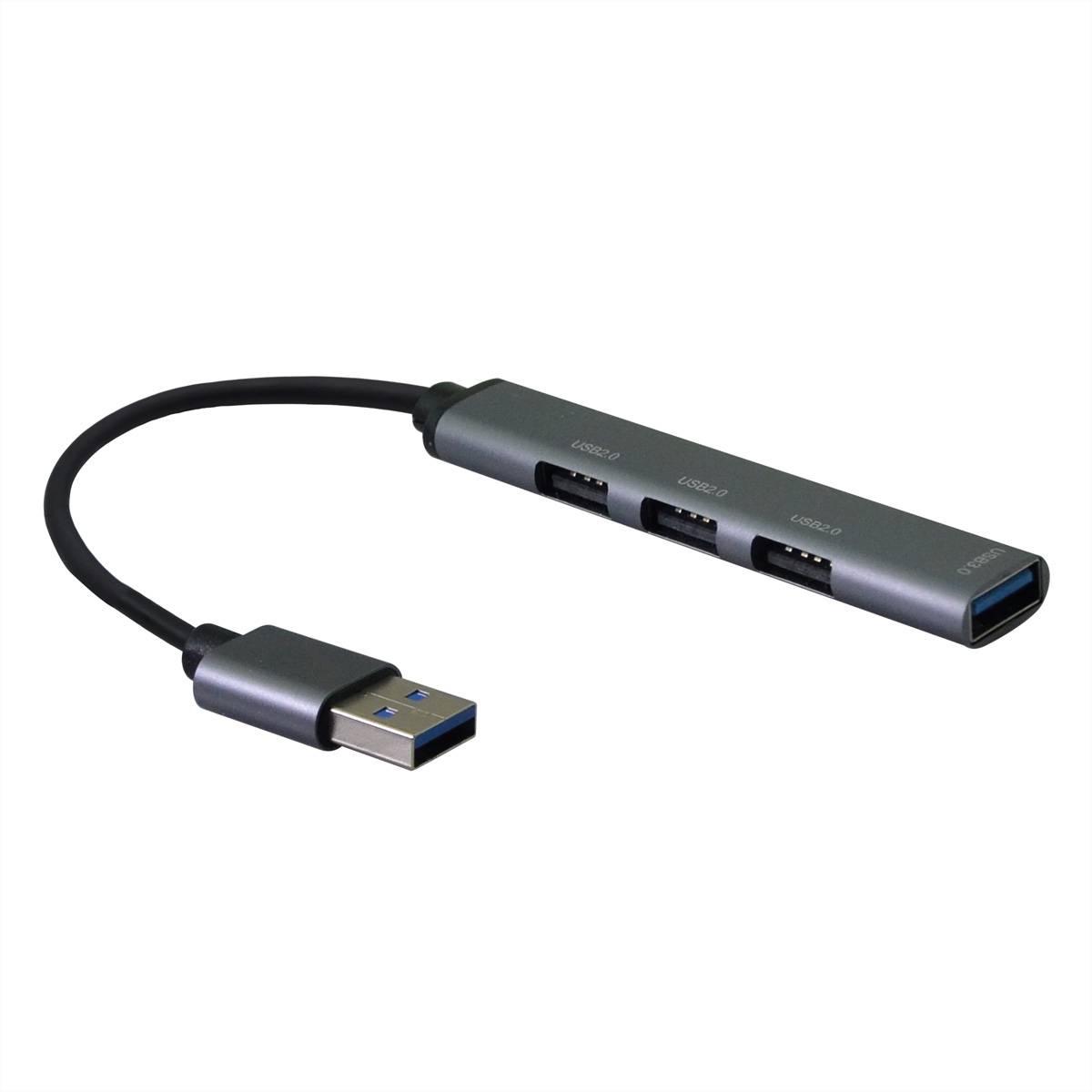 Ein schlanker, schwarzer USB 3.0 Hub mit drei USB-Anschlüssen und einem kurzen Verbindungskabel, entwickelt zur Erweiterung der Konnektivitätsmöglichkeiten an einem Gerät.