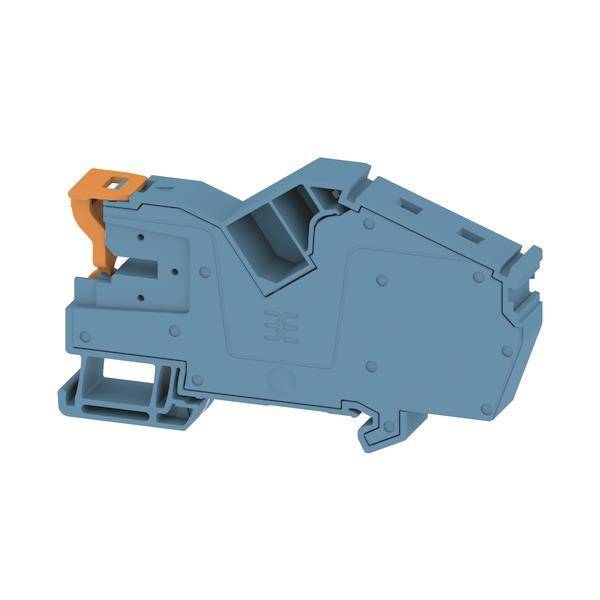 Ein blauer elektrischer Anschlussblock mit einem orangefarbenen Hebel, der zum Verbinden und Sichern elektrischer Schaltkreise verwendet wird.