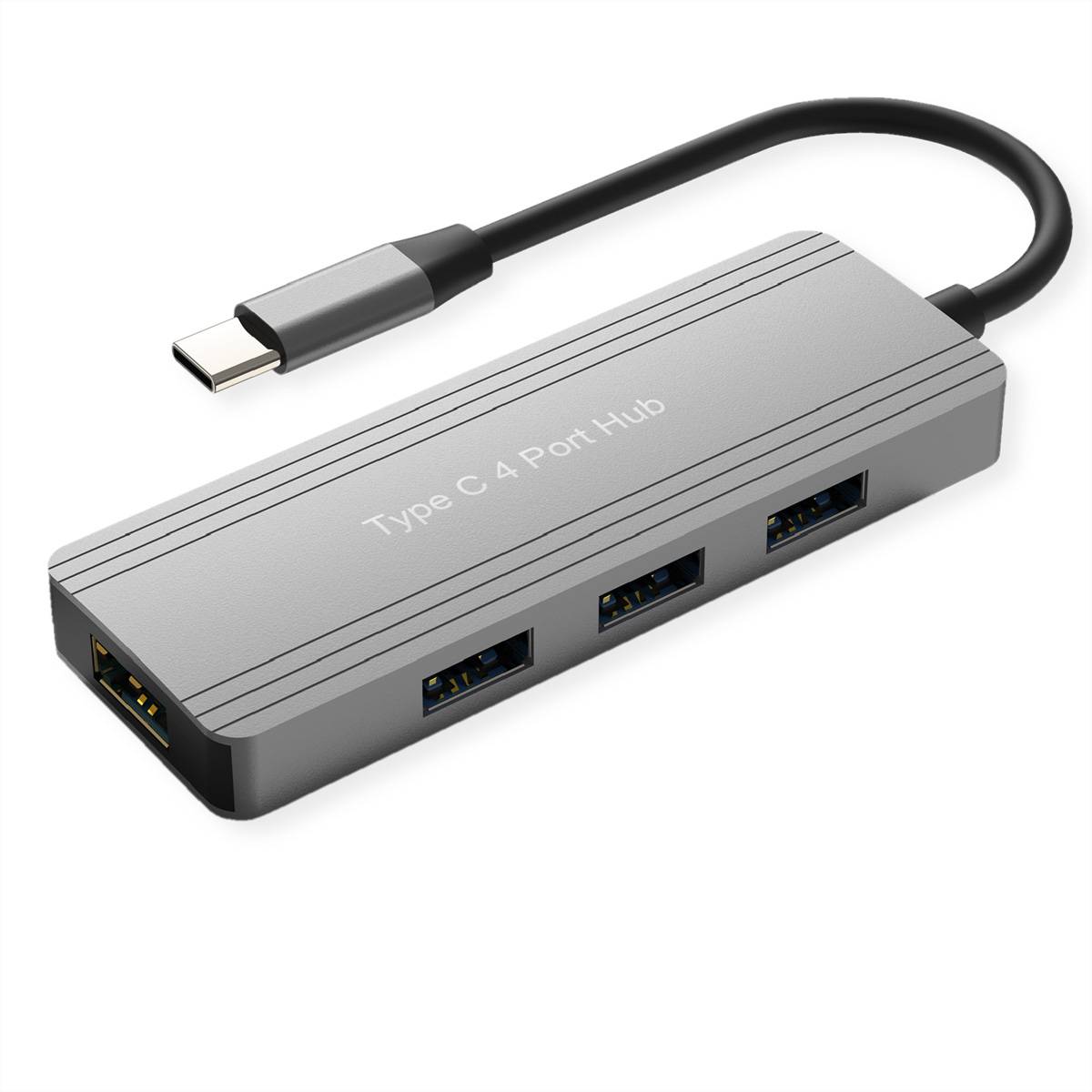 Ein schlanker 4-Port USB Type C Hub mit drei USB 3.0-Anschlüssen und einem Ethernet-Port in kompaktem, rechteckigem Design, auf weißem Hintergrund präsentiert.