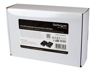 Weiße Box mit einem StarTech.com-Etikett für ein '4-Port USB 2.0 Extender über CAT5' Produkt. Enthält Modellnummer, Garantie und Zertifizierungslogos.