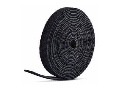 Eine Rolle schwarzes Klettband, ordentlich aufgewickelt, die seine strukturierte Oberfläche zeigt.