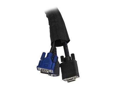 Zwei VGA-Anschlüsse, einer blau und einer schwarz, sind an ein Kabelpaket angeschlossen, das mit einem schwarzen Ärmel überzogen ist und für die Videoverbindung verwendet wird.