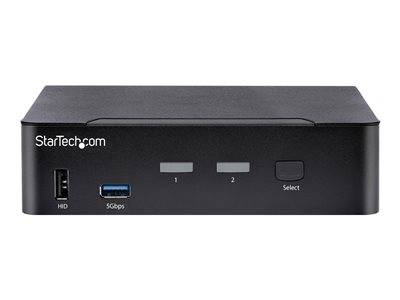 Das Bild zeigt eine Frontplatte eines Geräts mit sichtbarem 'StarTech.com' Branding, ausgestattet mit zwei USB-Anschlüssen, die mit 'HID' und '5Gbps' beschriftet sind, zwei nummerierten Tasten und einer 'Select' Taste.