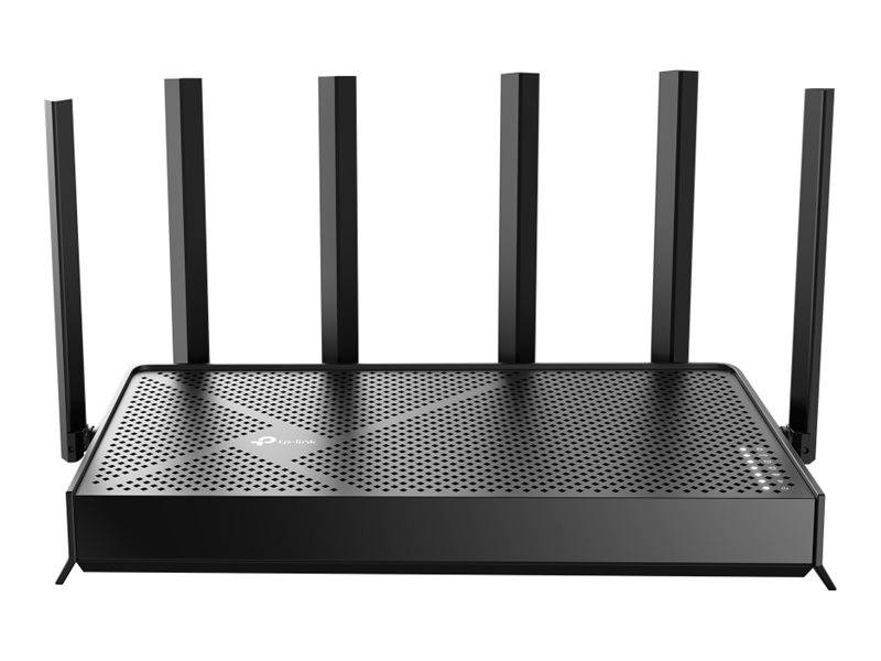 Schwarzer WLAN-Router mit sechs externen Antennen auf weißem Hintergrund, zeigt eine perforierte Oberseite und vordere Statusleuchten.