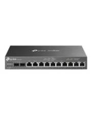 Ein schwarzer Netzwerk-Switch mit mehreren Ethernet-Anschlüssen, mit dem TP-Link-Logo auf der Oberseite.