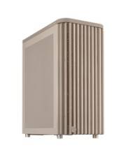 Leichter beiger Computer-Turm mit vertikalen Rillen auf der Frontplatte und einer Mesh-Seitenpaneel für Belüftung.