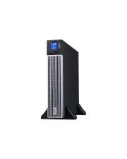 Ein schwarzer Turm-USV (Unterbrechungsfreie Stromversorgung) mit einem digitalen Displaybildschirm auf der Oberseite, in einem leichten Winkel positioniert, vor einem weißen Hintergrund.