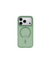Grüne Smartphone-Hülle mit einem klaren Kreismuster auf der Rückseite, von hinten betrachtet mit drei Kameraobjektiven.