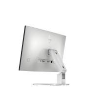 Ein schlanker, moderner Computermonitor, von hinten betrachtet, mit Anschlüssen und einem stabilen Ständer. Der Monitor verfügt über ein minimalistisches Design.