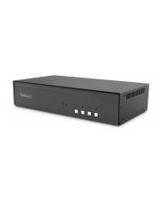 Ein schwarzes elektronisches Gerät mit mehreren Tasten auf der Frontplatte, möglicherweise ein Netzwerk-Switch oder Router.