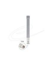 Eine graue stabförmige Antenne mit einem Metallstecker an der Basis; ein kleines Detail zeigt eine Nahaufnahme des Steckers.