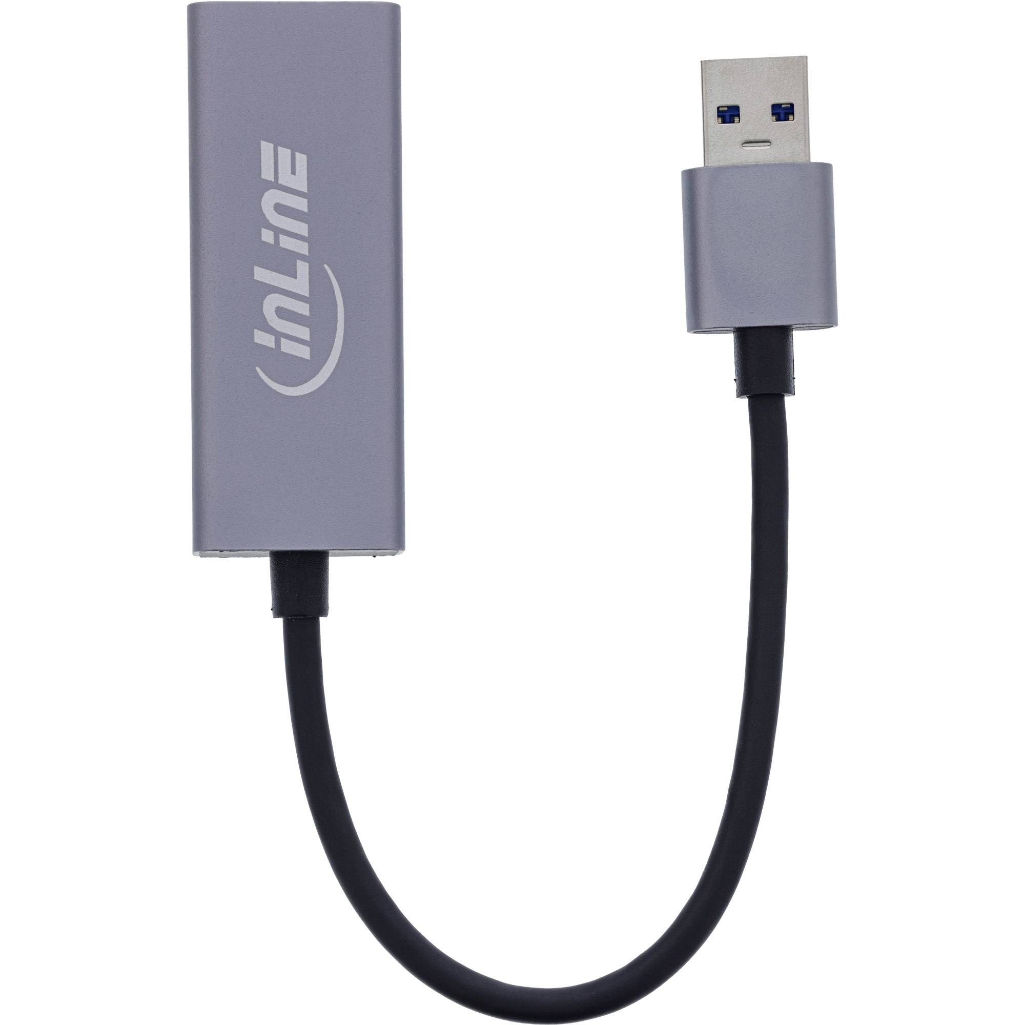 Ein USB-zu-Ethernet-Adapter mit grauer Oberfläche, mit der Aufschrift 'INLINE', ausgestattet mit einem USB-Anschluss und einer Buchse zum Anschließen eines Ethernet-Kabels.