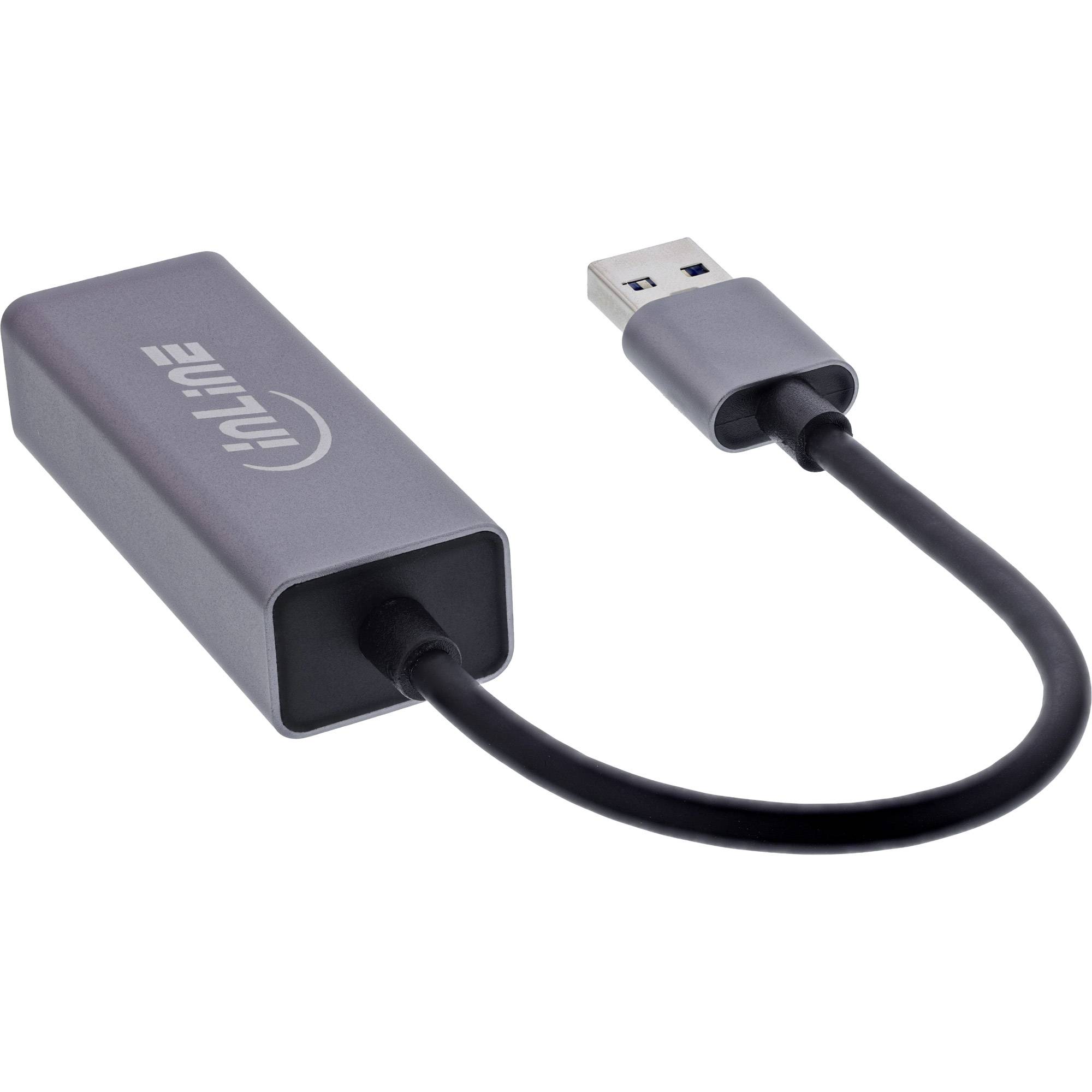 Ein grauer USB-zu-Ethernet-Adapter mit dem Aufdruck 'inline' auf dem Gehäuse, einem kurzen schwarzen Kabel und einem Standard-USB-Anschluss.