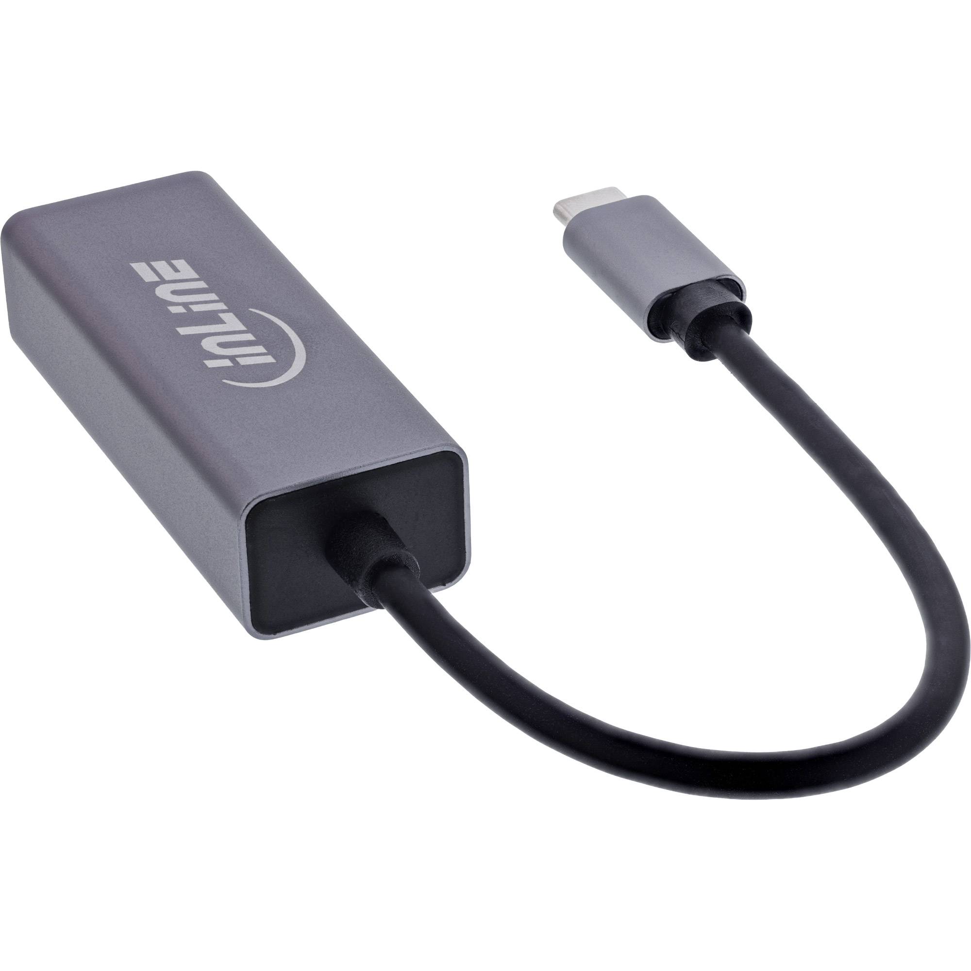 Ein USB-C zu HDMI Adapter mit einem kurzen schwarzen Kabel. Der Adapter ist rechteckig und grau, mit dem Markennamen 'InLine' gekennzeichnet.