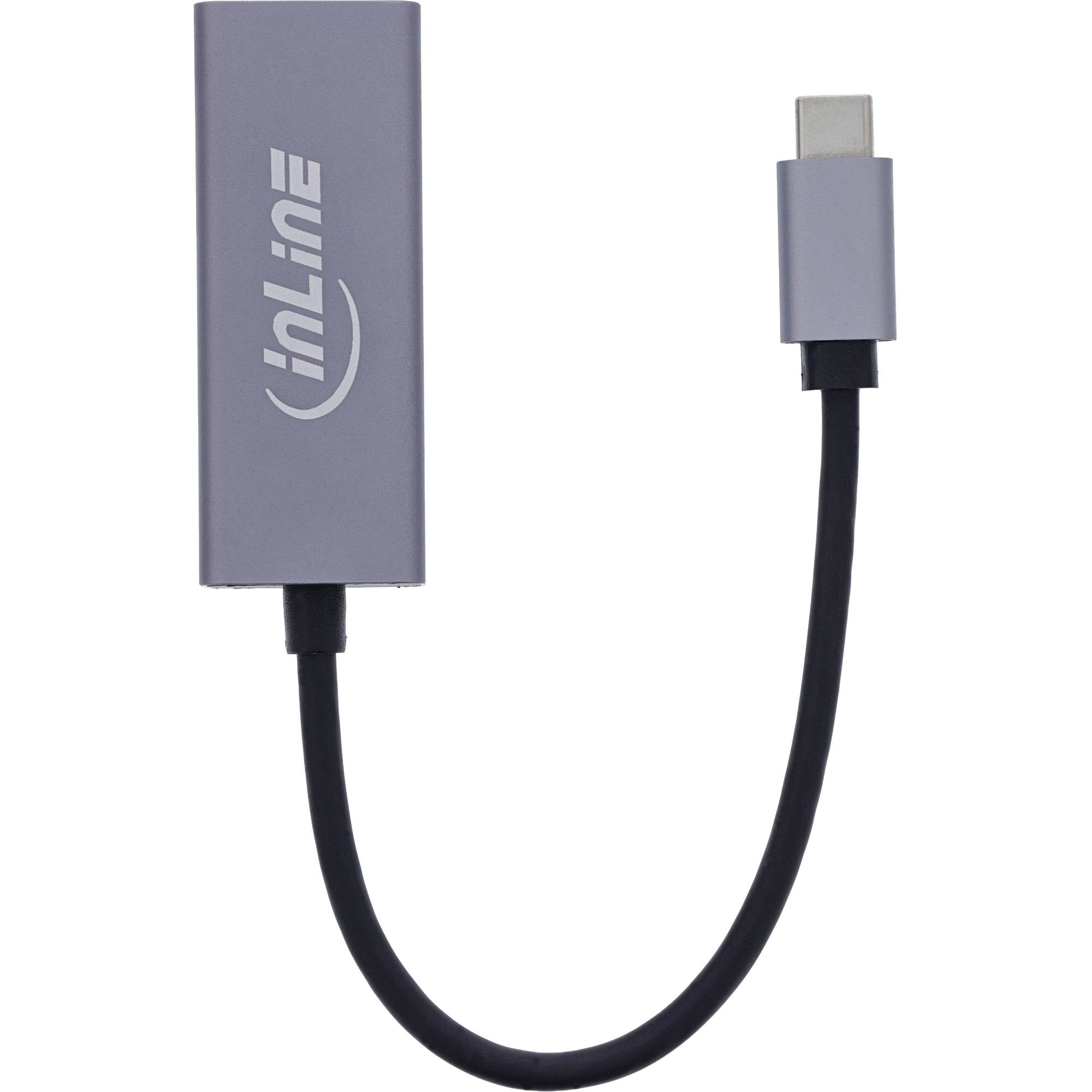 Ein silberner Inline-USB-C auf HDMI-Adapter mit einem kurzen schwarzen Kabel, der verwendet wird, um USB-C-Geräte mit HDMI-Displays zu verbinden.
