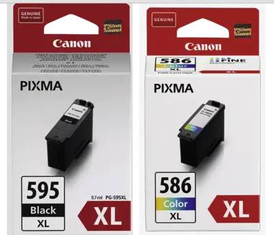 Zwei Canon PIXMA Tintenpatronenkästen: Schwarz 595 XL links und Farbe 586 XL rechts.