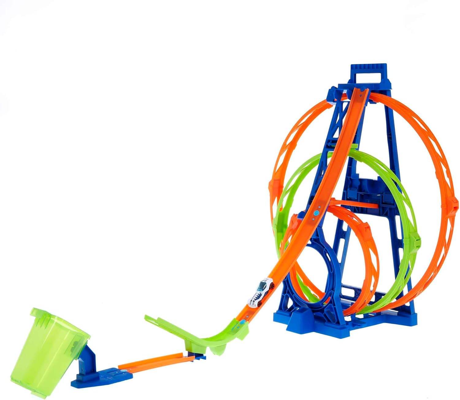 Eine Spielzeug-Autorennbahn mit bunten Schleifen und einem Startmechanismus, die entwickelt wurde, damit ein Miniatur-Auto durch mehrere Schleifen rast, bevor es das Ziel erreicht.