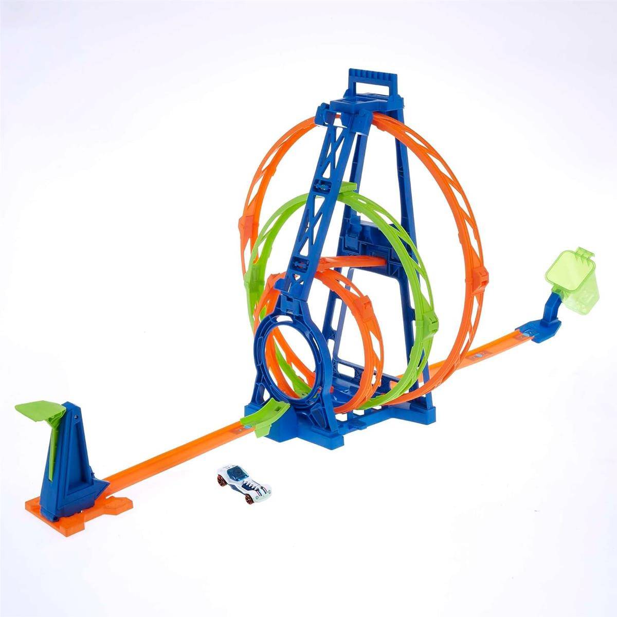 Ein Spielzeug-Achterbahn mit orangen und grünen Loopings auf einem blauen Rahmen, gezeigt auf weißem Hintergrund mit einem kleinen Spielzeugauto in der Nähe.