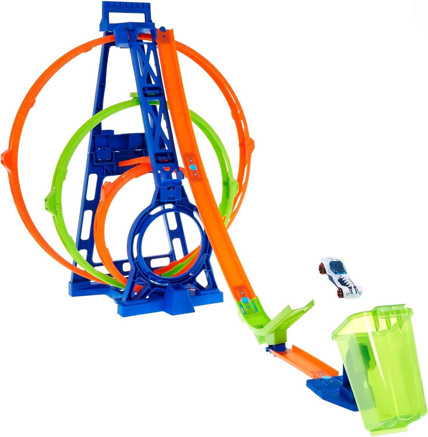 Rundstrecken-Spielzeugset mit orange, blauen und grünen Schleifen; Auto startet die Strecke hinunter in den grünen Rampencontainer.