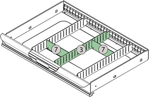 Diagramm eines leeren Regals mit drei Trennwänden, die mit '7', '3' und '7' beschriftet sind. Die Trennwände stehen senkrecht zu den langen Seiten des Regals.