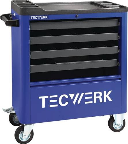 Ein blauer Werkzeugwagen mit vier offenen Schubladen auf Rollen. Das Wort 'TECWERK' ist in großen weißen Buchstaben auf der Vorderseite gedruckt.