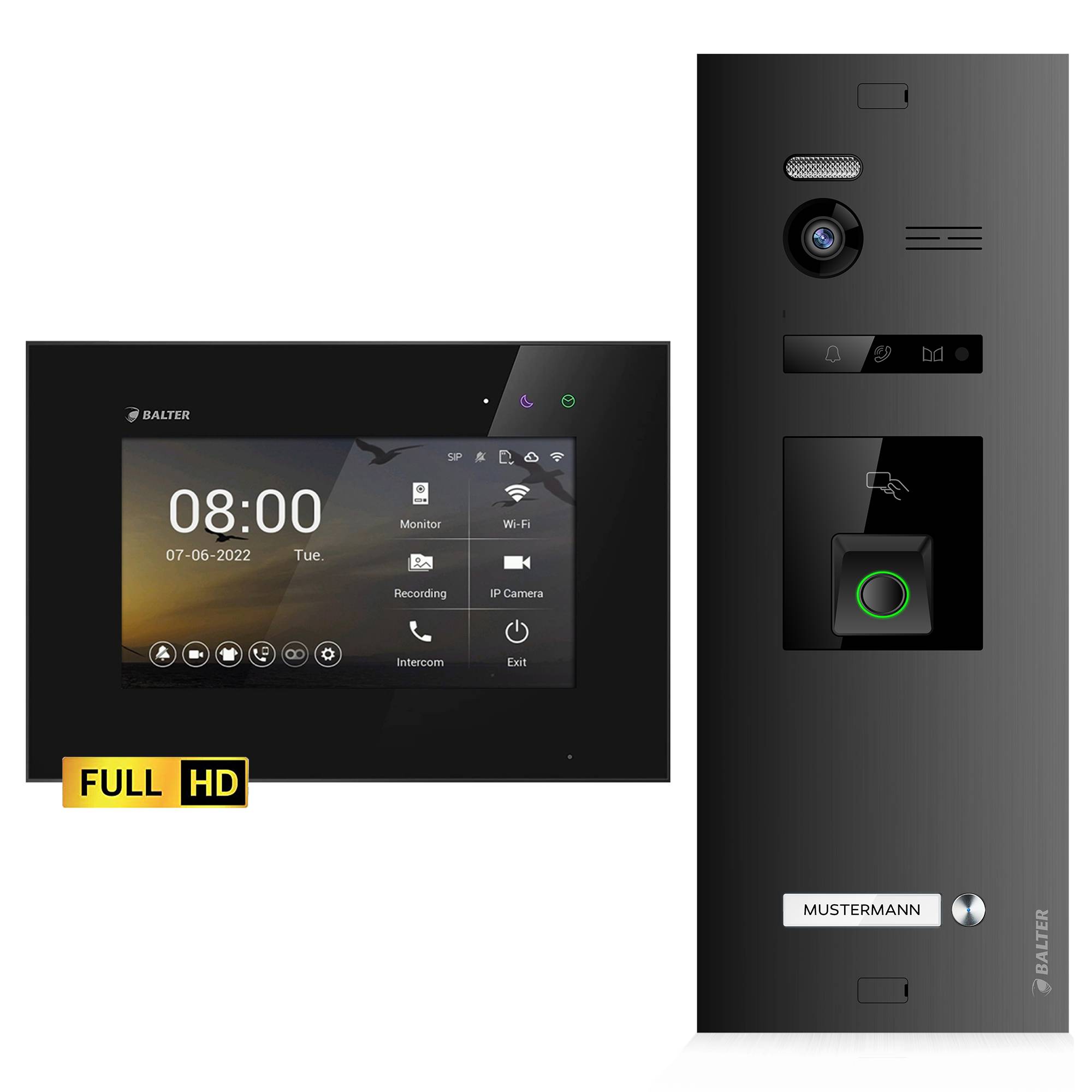 HD Video Türsprechanlage mit Fingerprint und RFID für 1 Familienhaus, 1x Monitor, Balter EVO HD Fingerprint