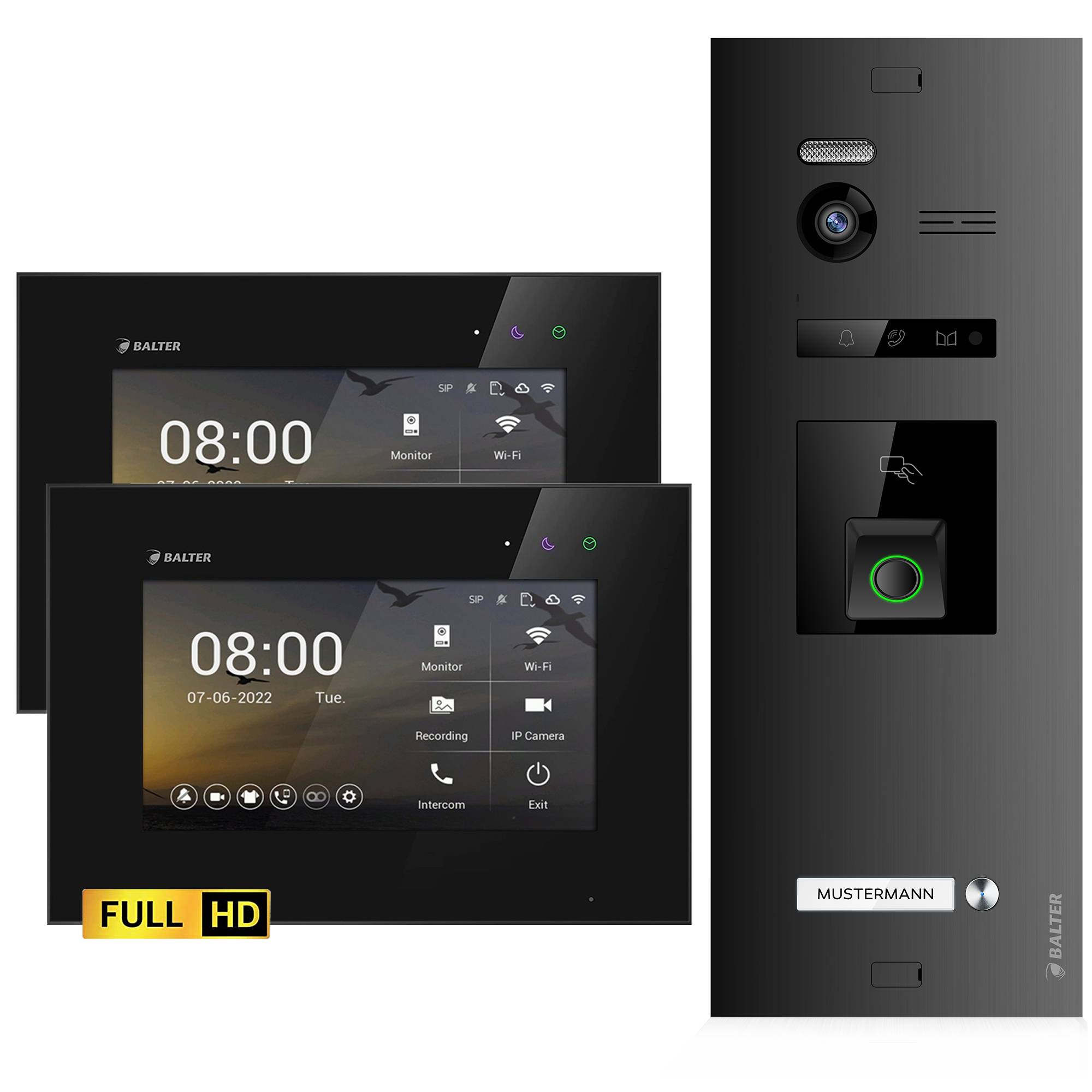 HD Video Türsprechanlage mit Fingerprint und RFID für 1 Familienhaus, 2x Monitore, Balter EVO HD Fingerprint