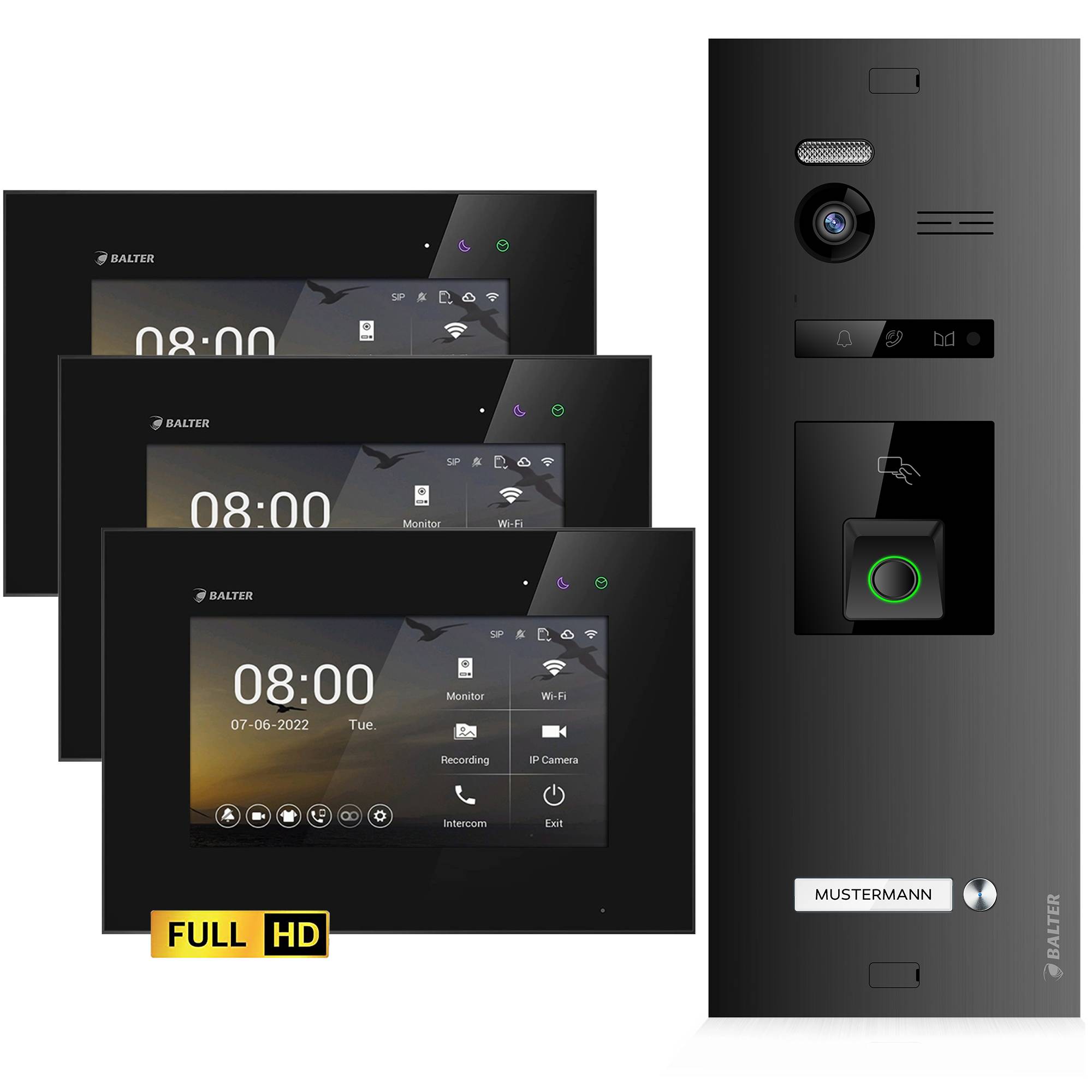 HD Video Türsprechanlage mit Fingerprint und RFID für 1 Familienhaus, 3x Monitore, Balter EVO HD Fingerprint