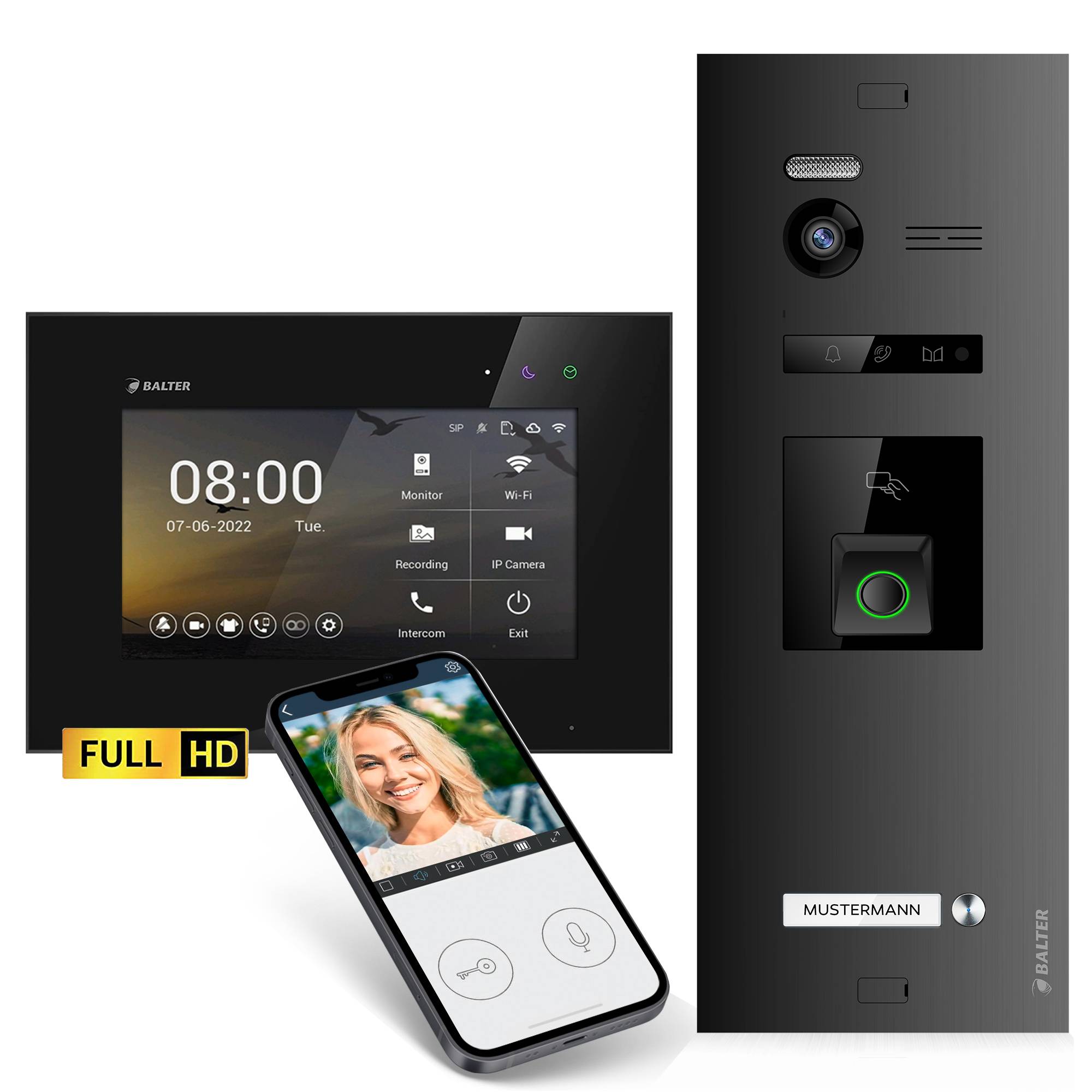 HD Video Türsprechanlage mit Fingerprint RFID und Smartphone App für 1 Familienhaus, 1x Monitor, Balter EVO HD Fingerprint