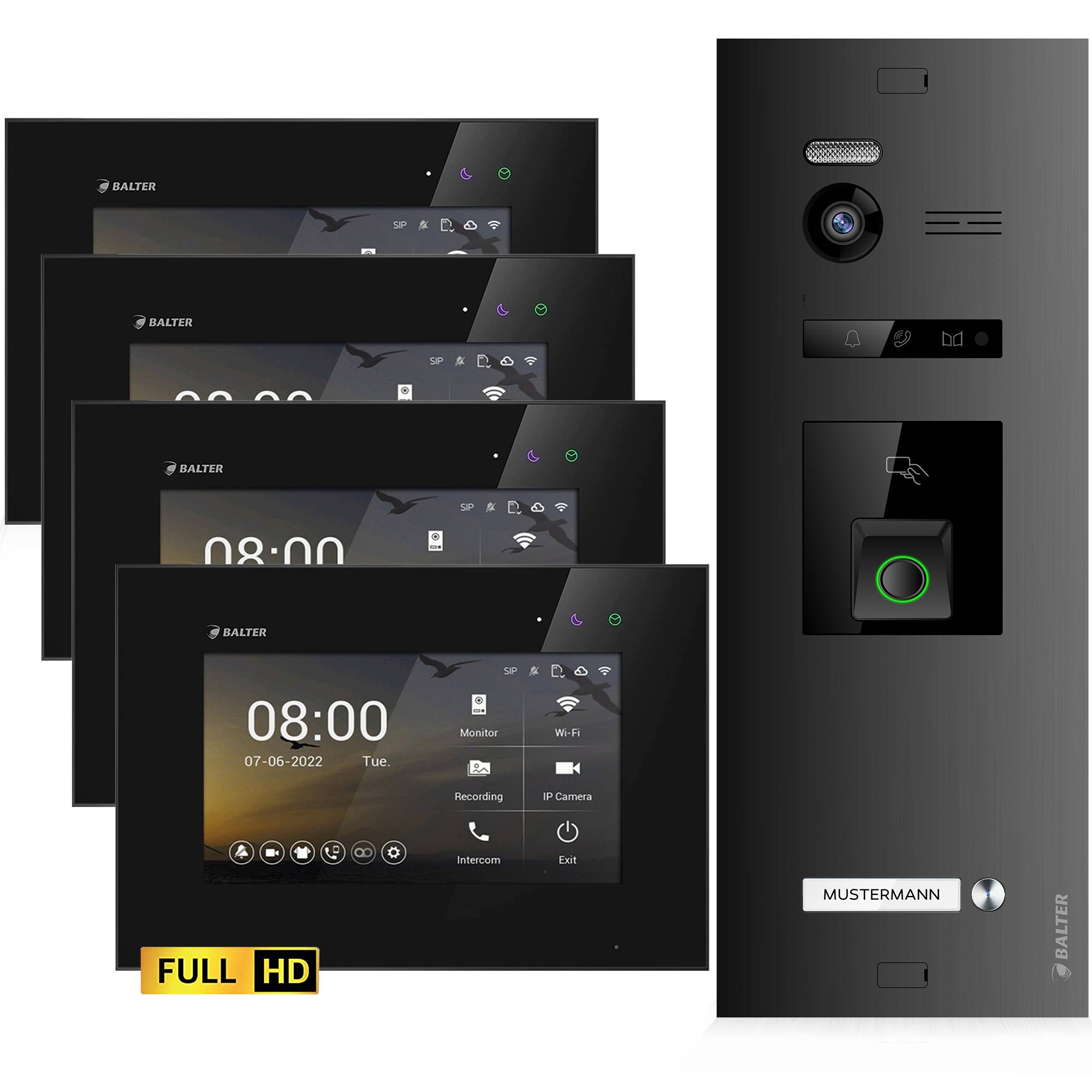 HD Video Türsprechanlage mit Fingerprint und RFID für 1 Familienhaus, 4x Monitore, Balter EVO HD Fingerprint