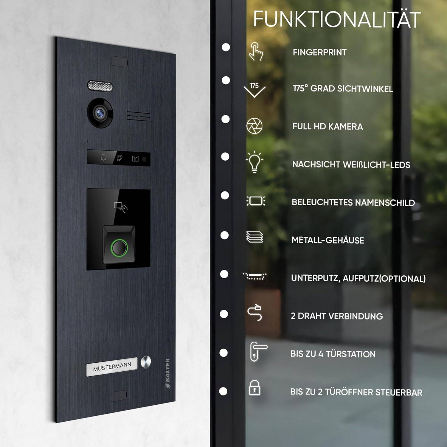 HD Video Türsprechanlage mit Fingerprint und RFID für 1 Familienhaus, 4x Monitore, Balter EVO HD Fingerprint