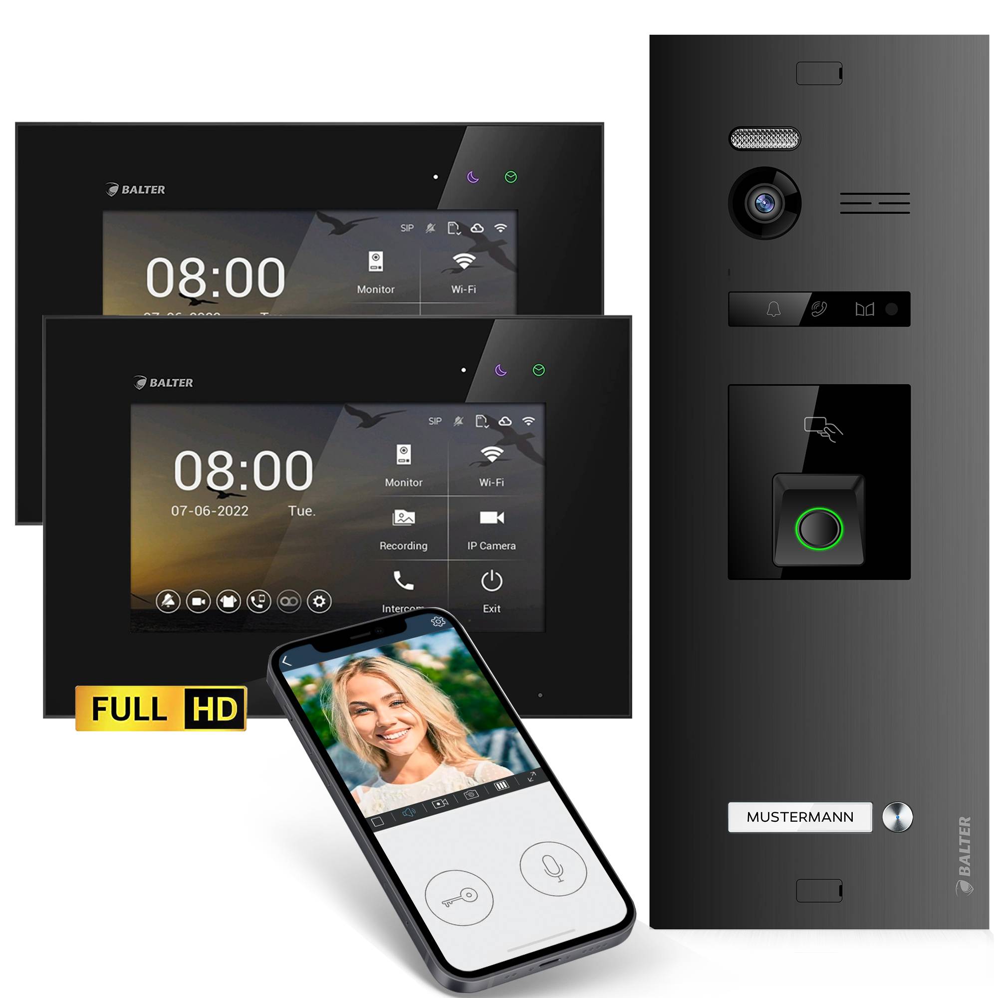 HD Video Türsprechanlage mit Fingerprint RFID und Smartphone App für 1 Familienhaus, 2x Monitore, Balter EVO HD Fingerprint