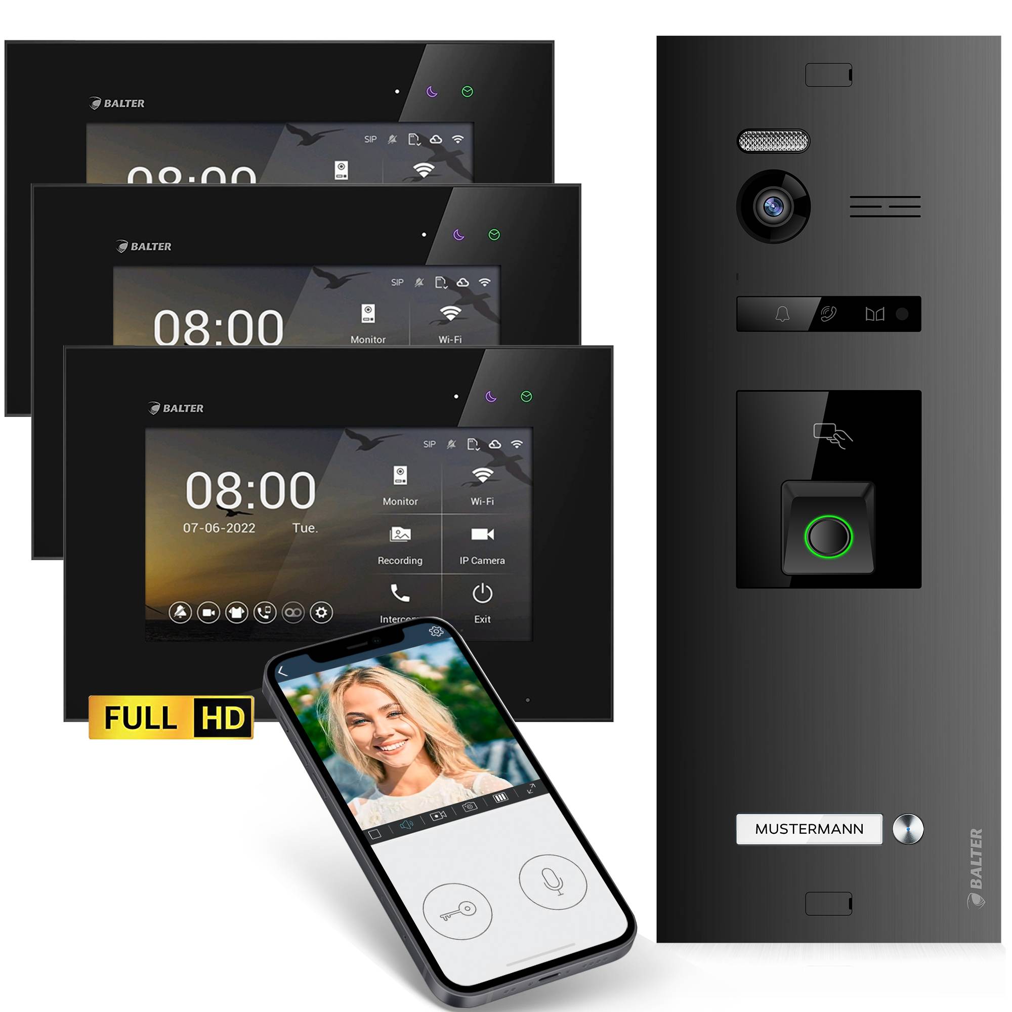 HD Video Türsprechanlage mit Fingerprint RFID und Smartphone App für 1 Familienhaus, 3x Monitore, Balter EVO HD Fingerprint