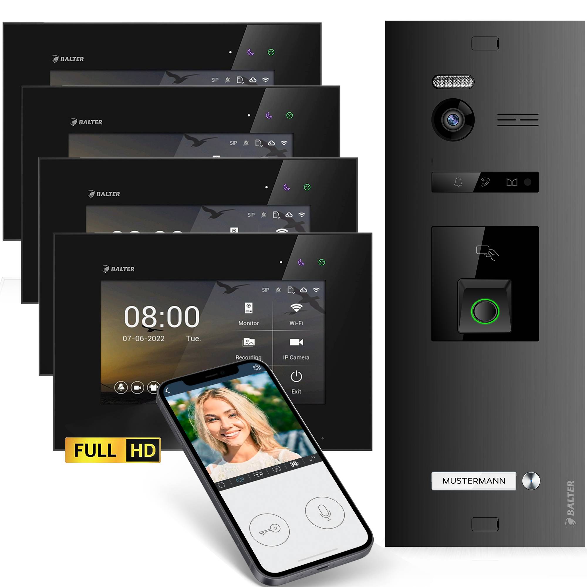 HD Video Türsprechanlage mit Fingerprint RFID und Smartphone App für 1 Familienhaus, 4x Monitore, Balter EVO HD Fingerprint