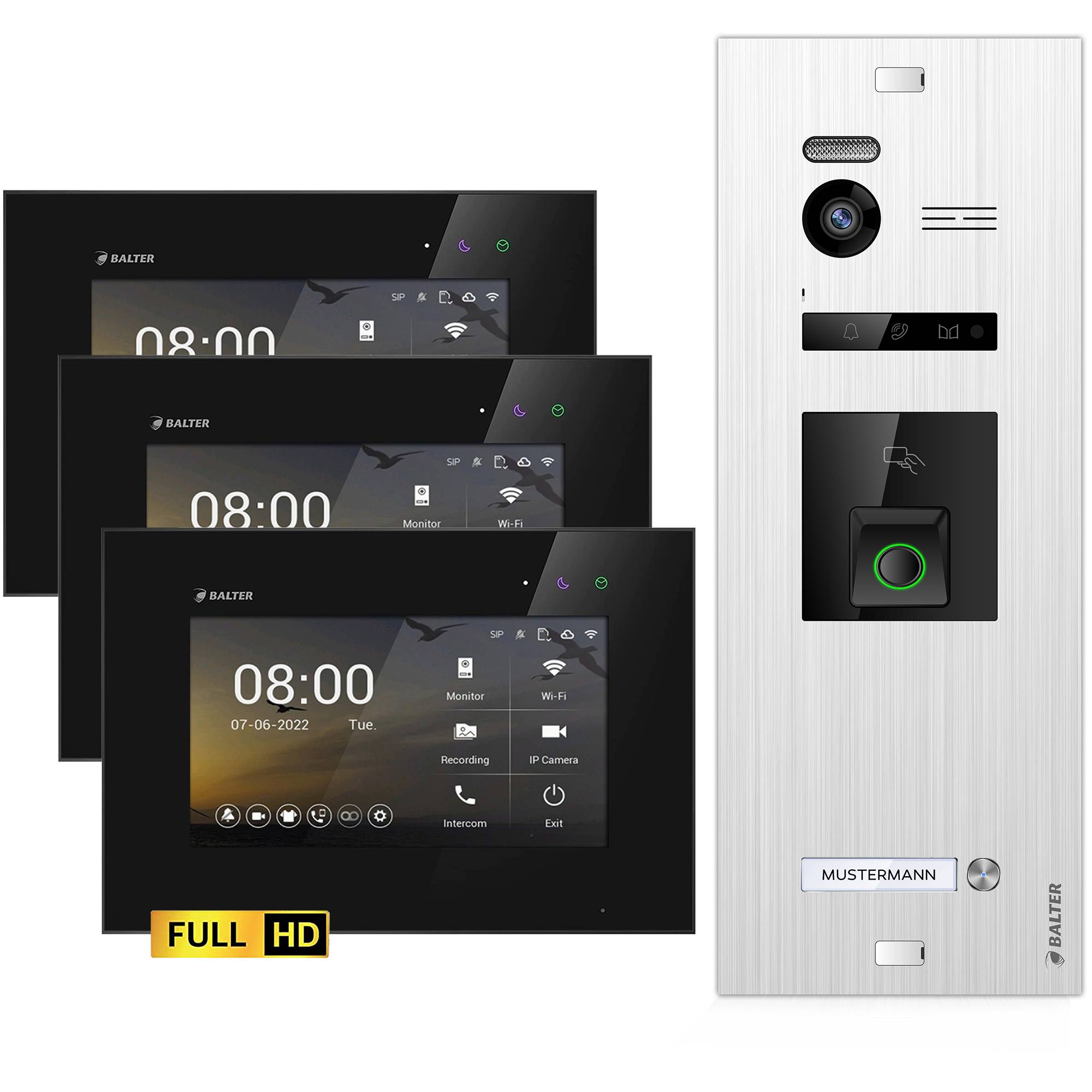 HD Video Türsprechanlage mit Fingerprint und RFID für 1 Familienhaus, 3x Monitore, Balter EVO HD Fingerprint