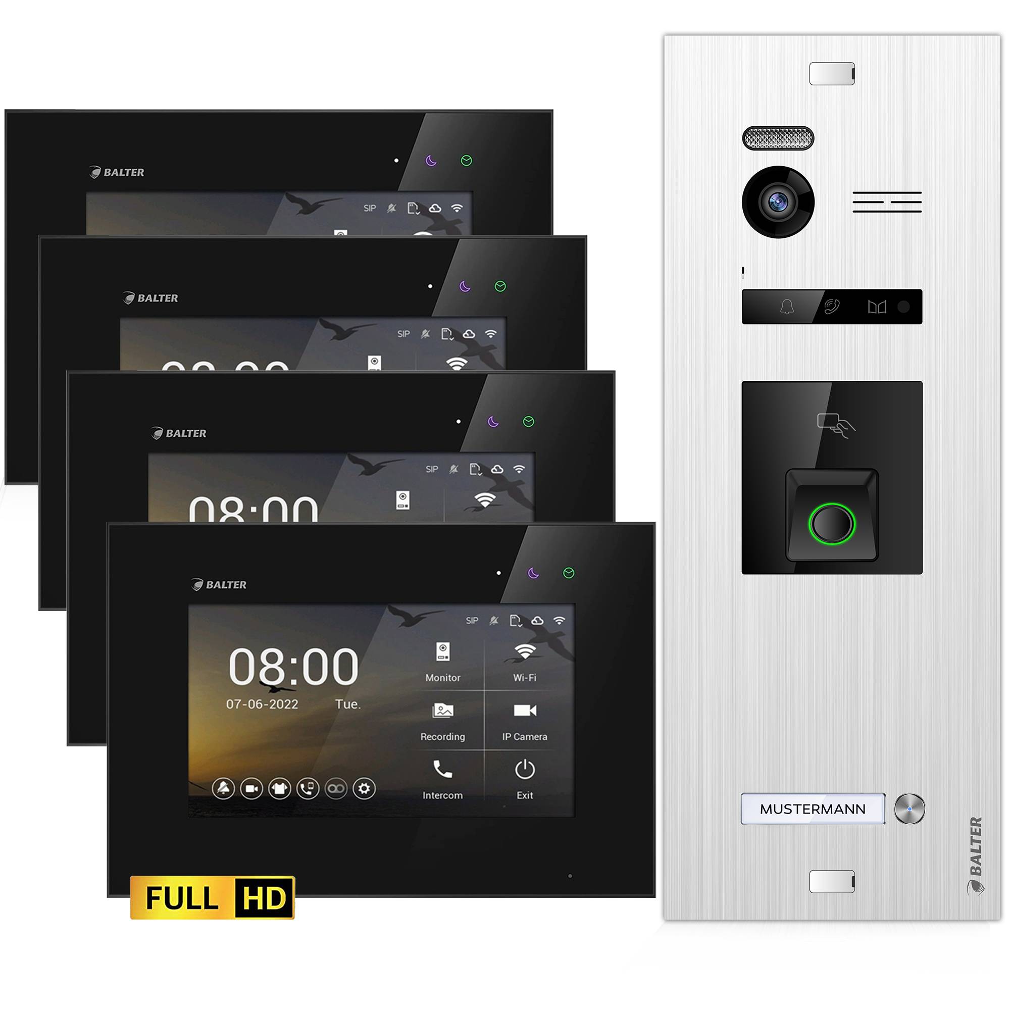 Balter EVO HD Video Türsprechanlage mit Fingerprint und RFID für 1 Familienhaus, 4x Monitore