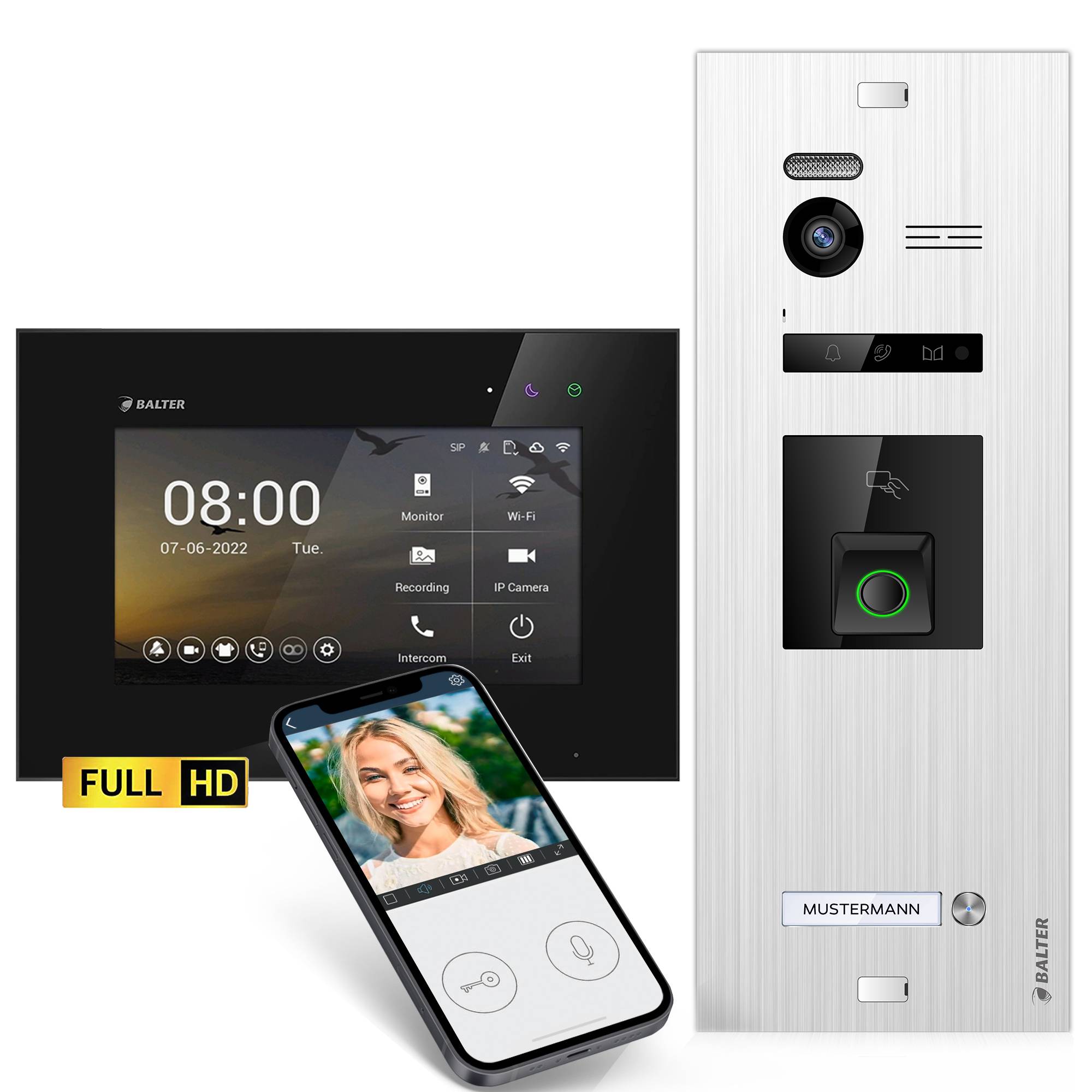 HD Video Türsprechanlage mit Fingerprint RFID und Smartphone App für 1 Familienhaus, 1x Monitor, Balter EVO HD Fingerprint