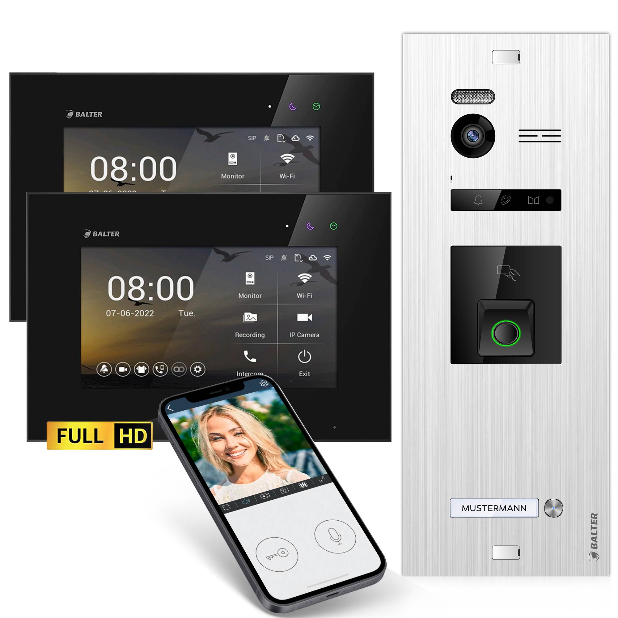 HD Video Türsprechanlage mit Fingerprint RFID und Smartphone App für 1 Familienhaus, 2x Monitore, Balter EVO HD Fingerprint