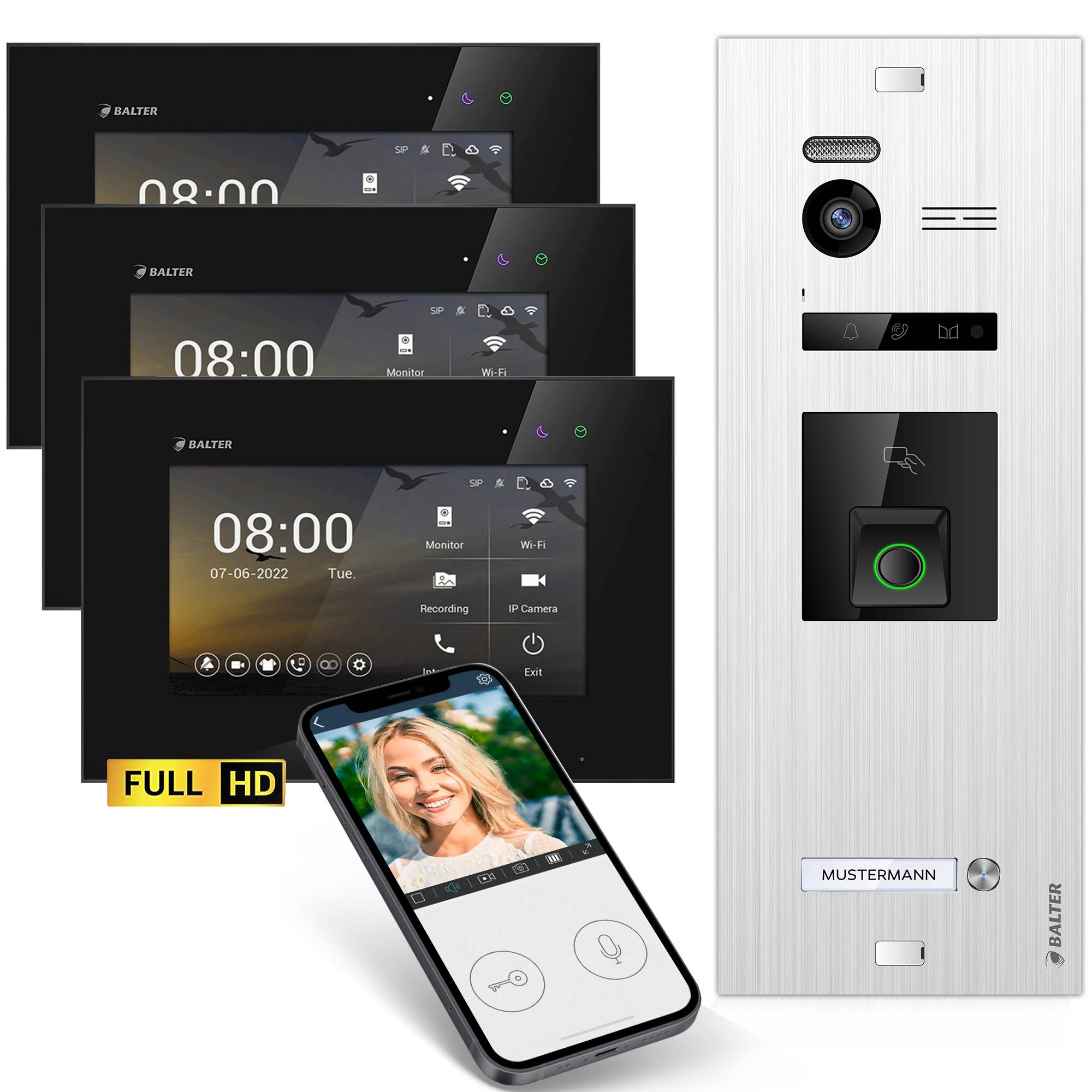 HD Video Türsprechanlage mit Fingerprint RFID und Smartphone App für 1 Familienhaus, 3x Monitore, Balter EVO HD Fingerprint