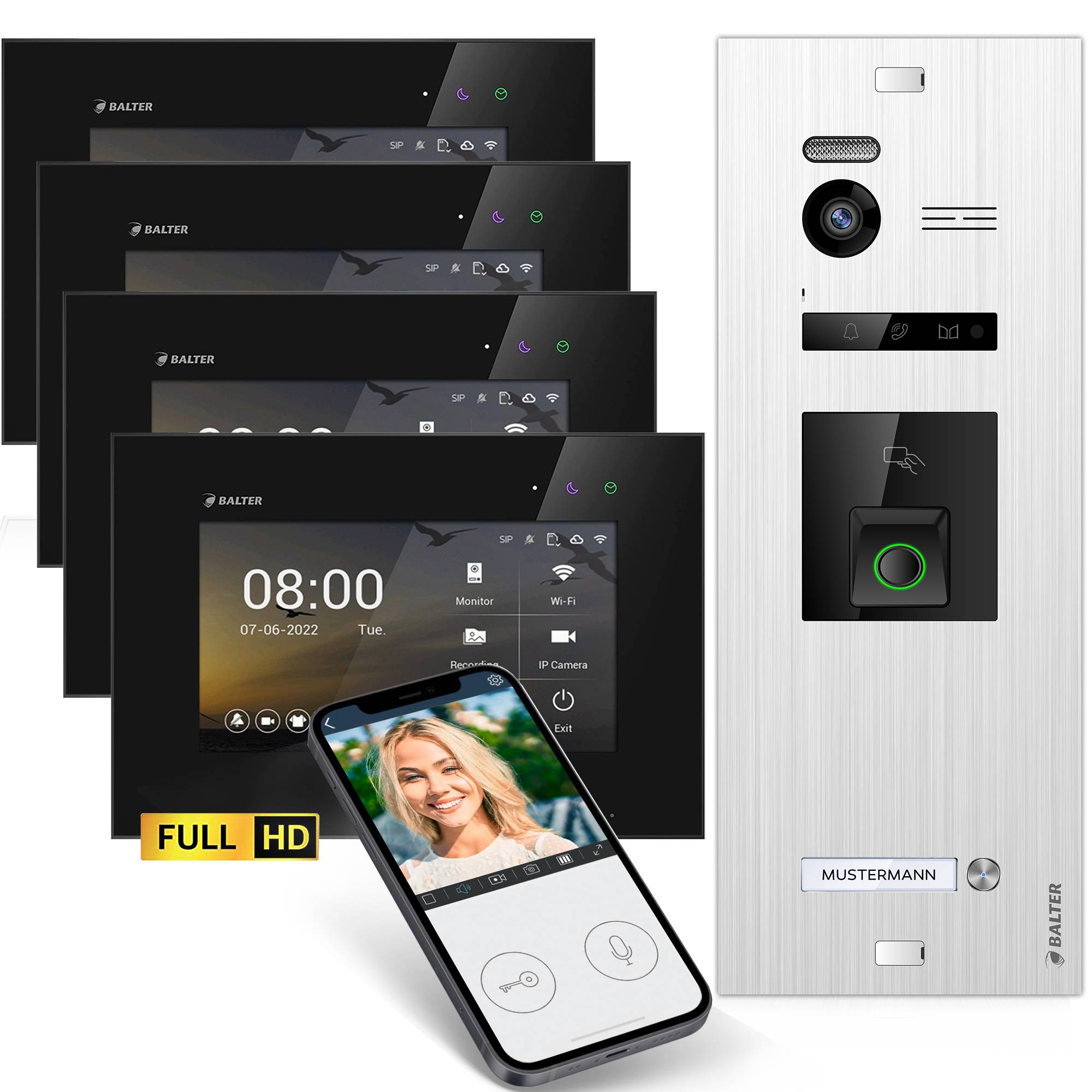 HD Video Türsprechanlage mit Fingerprint RFID und Smartphone App für 1 Familienhaus, 4x Monitore, Balter EVO HD Fingerprint
