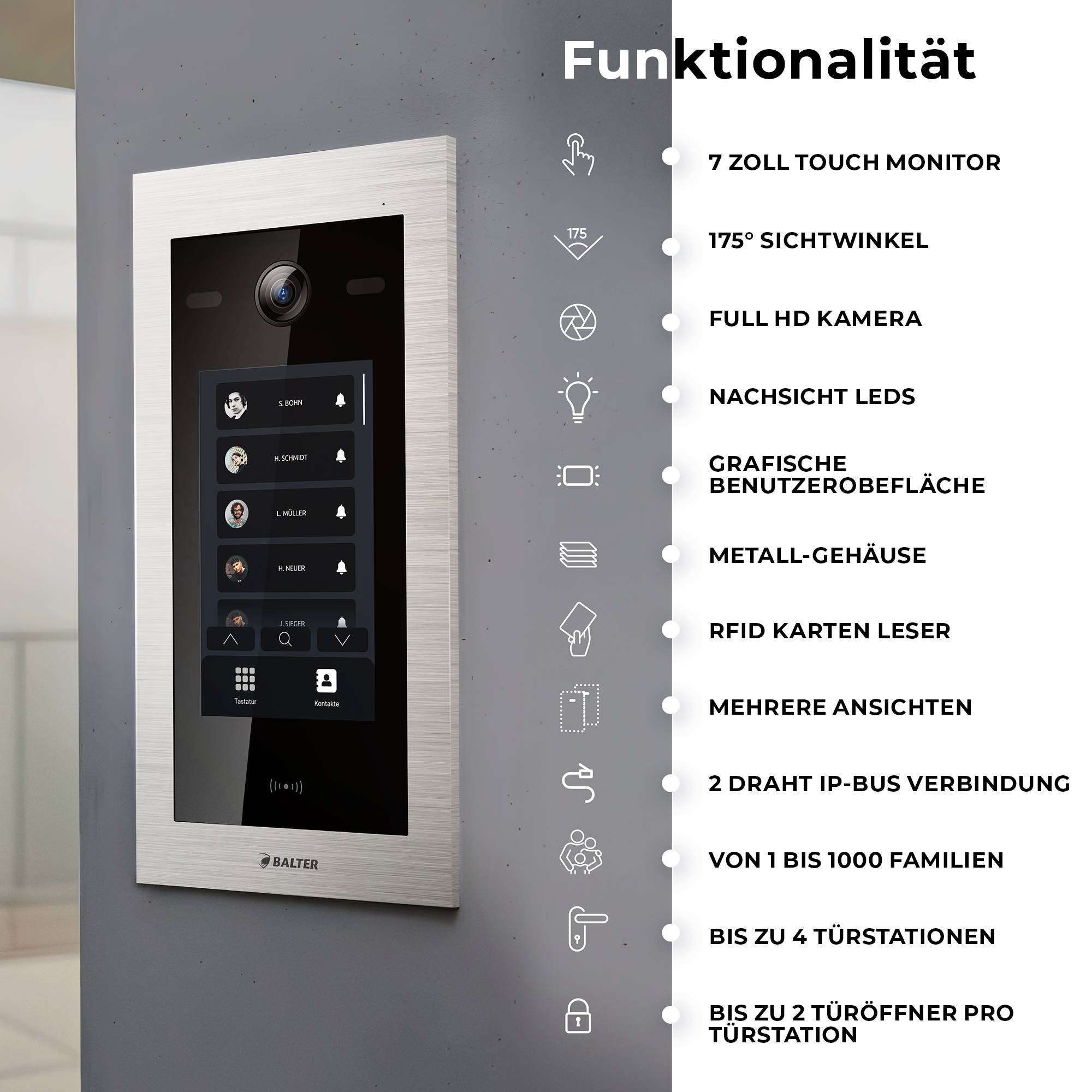 HD Video Türsprechanlage mit Touchscreen und RFID für 4 Familienhaus, 4x Monitore, Balter EVO HD Touch
